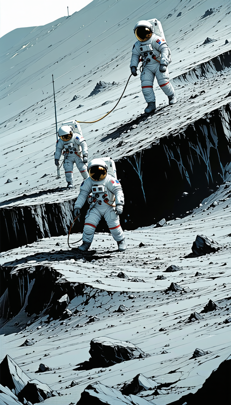 In The Image, There Are Three Astronauts Walking On A Rocky Surface, Possibly On The Moon