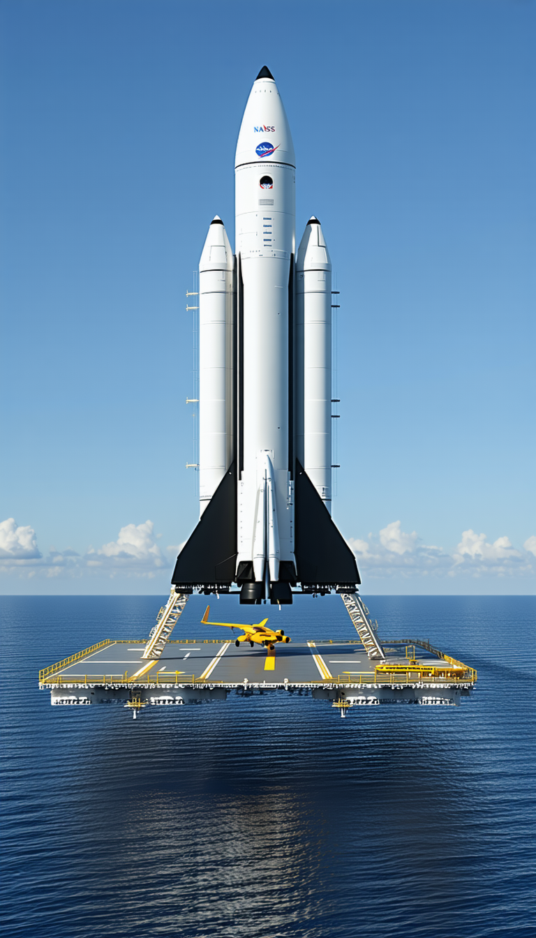 A Large White Space Shuttle On A Runway, With A Yellow Helicopter Parked Nearby