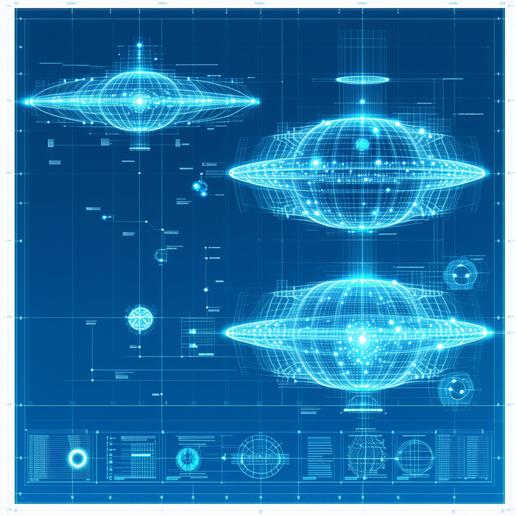 The Image Is A Blue And White Drawing Of Three Spaceships