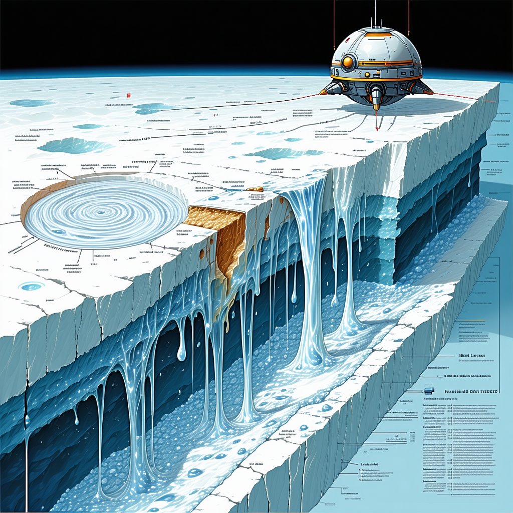 A Large, White, And Blue Spacecraft Floating In The Air Above A Frozen