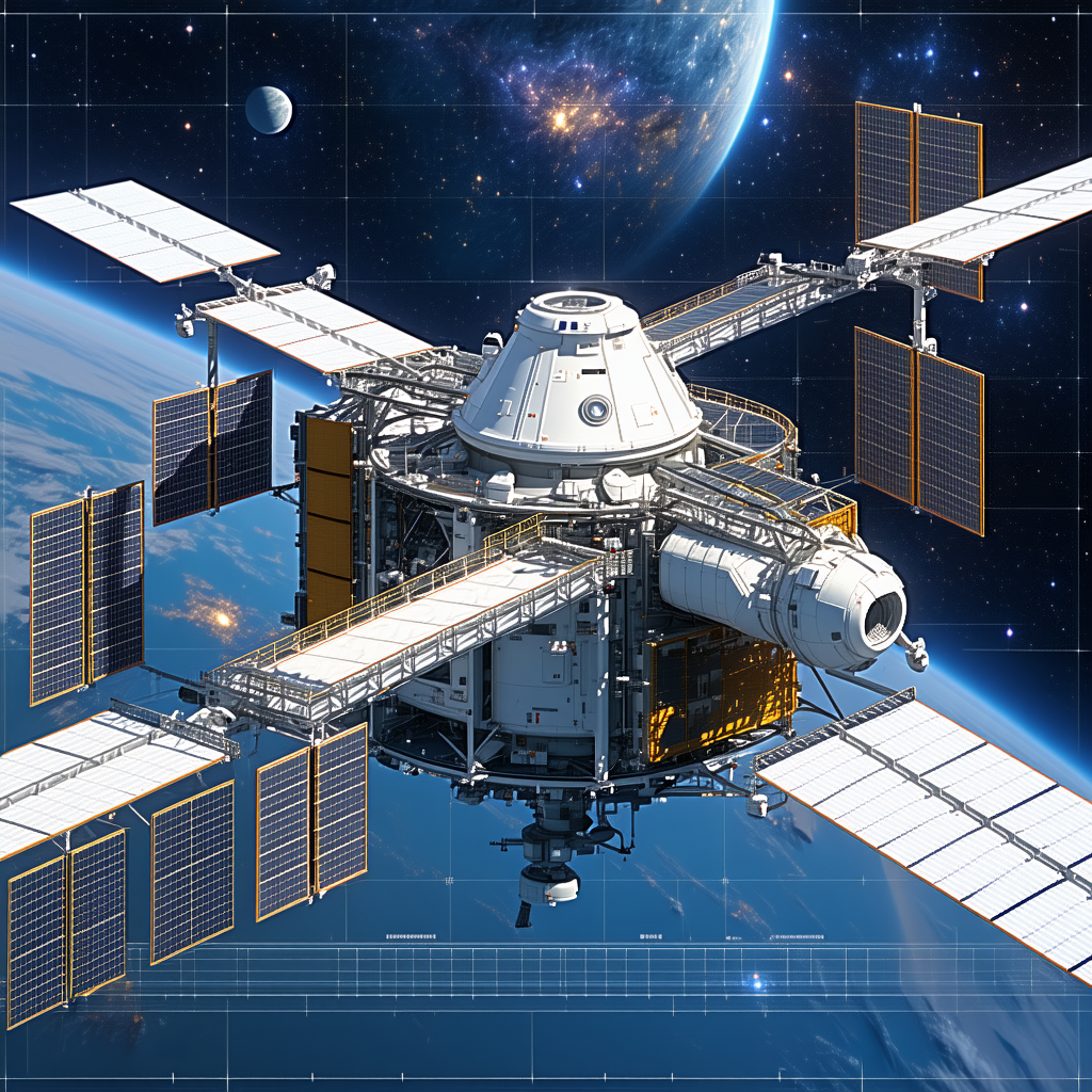 A Large Space Station Is Shown In The Image, With A Dome-shaped Structure At The Top