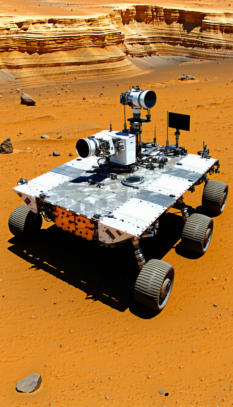 A Large, White, And Silver Robotic Vehicle On A Red Dirt Surface