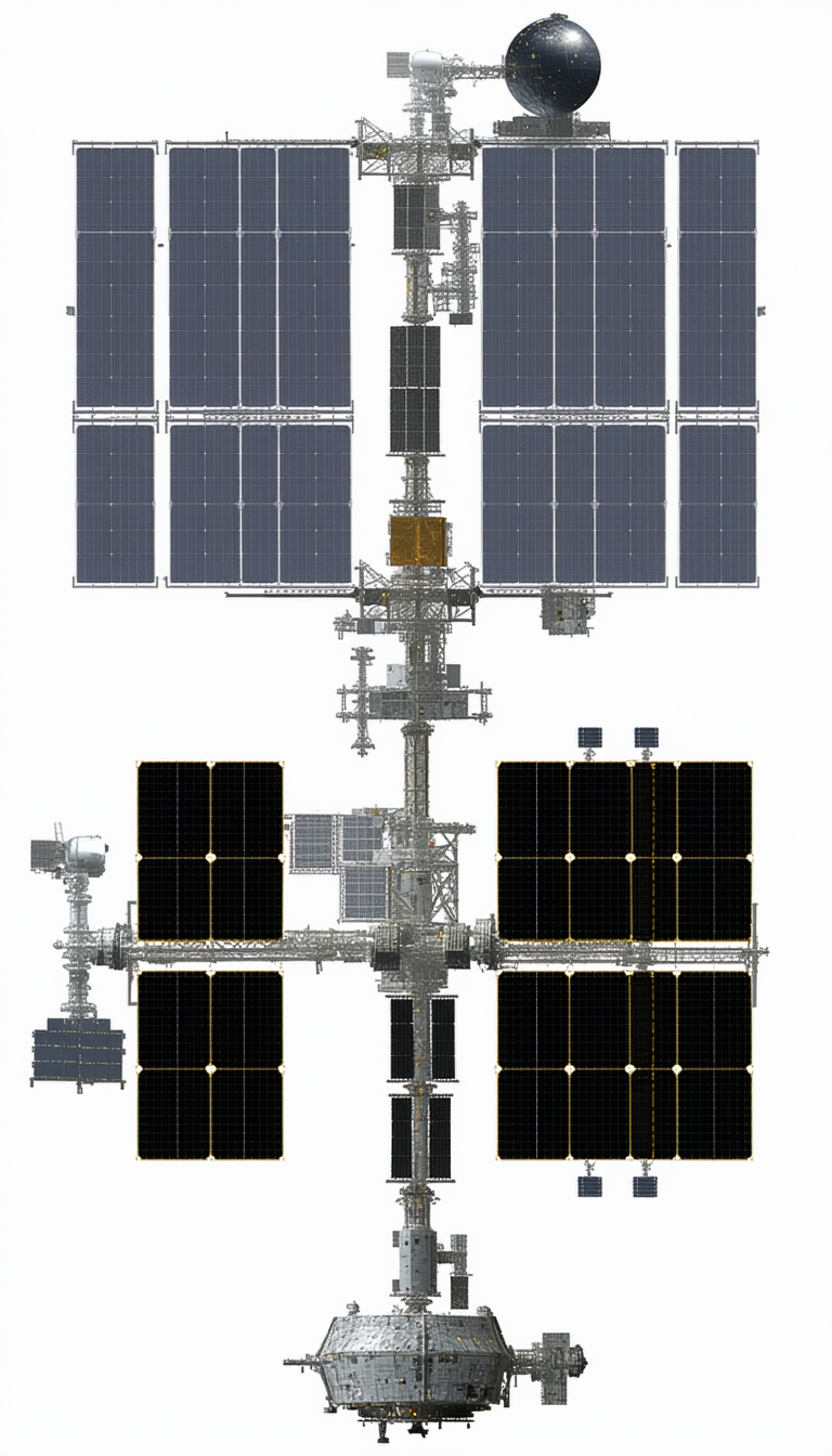 A Large Space Station Is Shown In A White Drawing