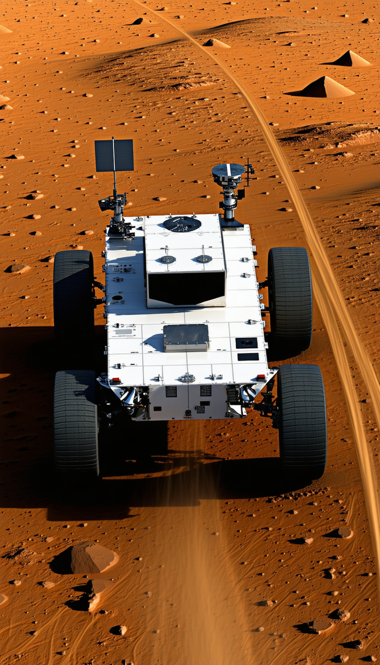 A White Vehicle With A Large Wheel, Driving On A Dirt Road