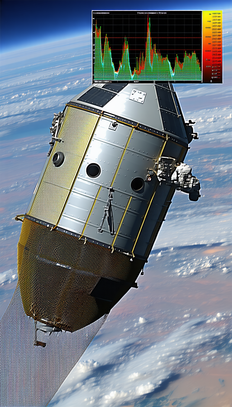 A Space Shuttle Is Flying Through The Sky, With A Large Satellite Dish On The Front
