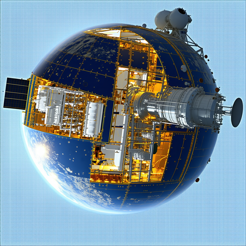 The Image Is A Close-up Of A Space Station, Which Appears To Be A Large, Blue, And White Sphere