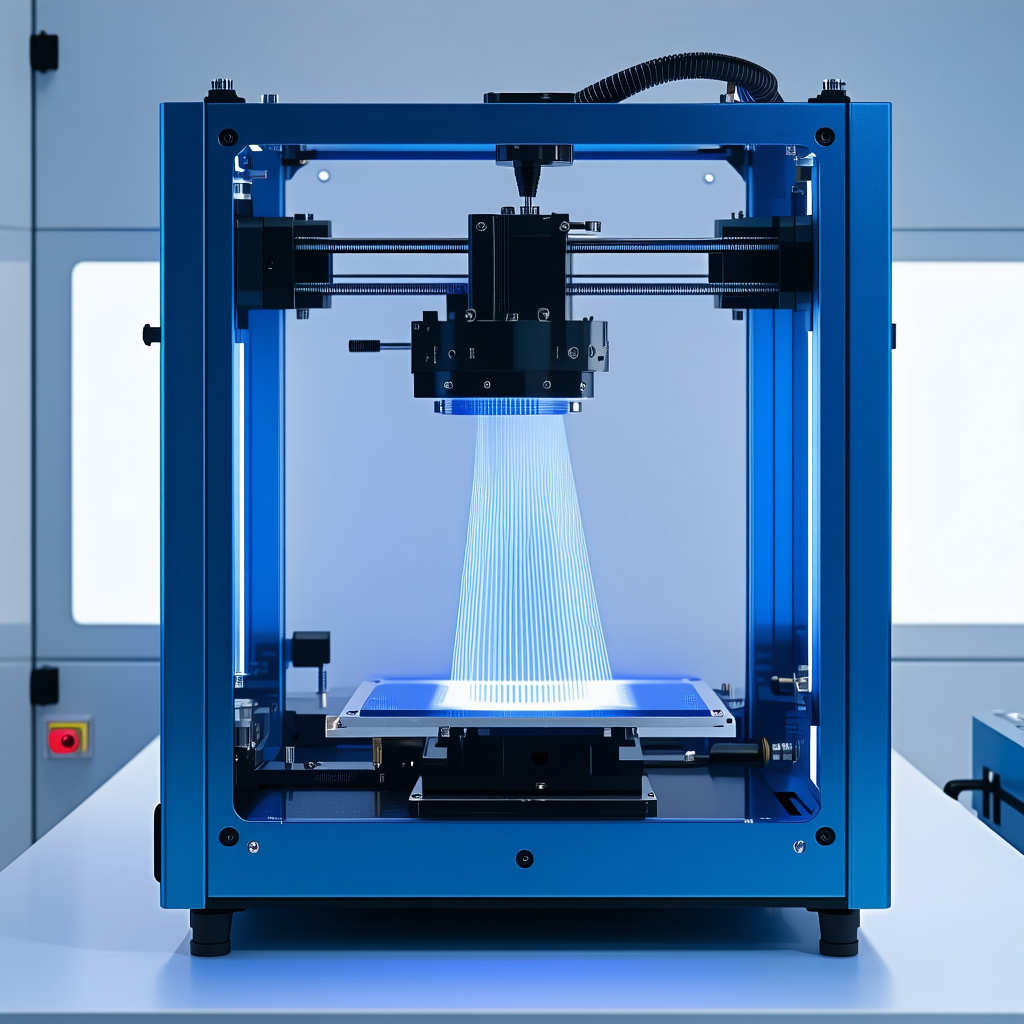 A Blue 3d Printer In A Room, With A Blue Light Shining From It