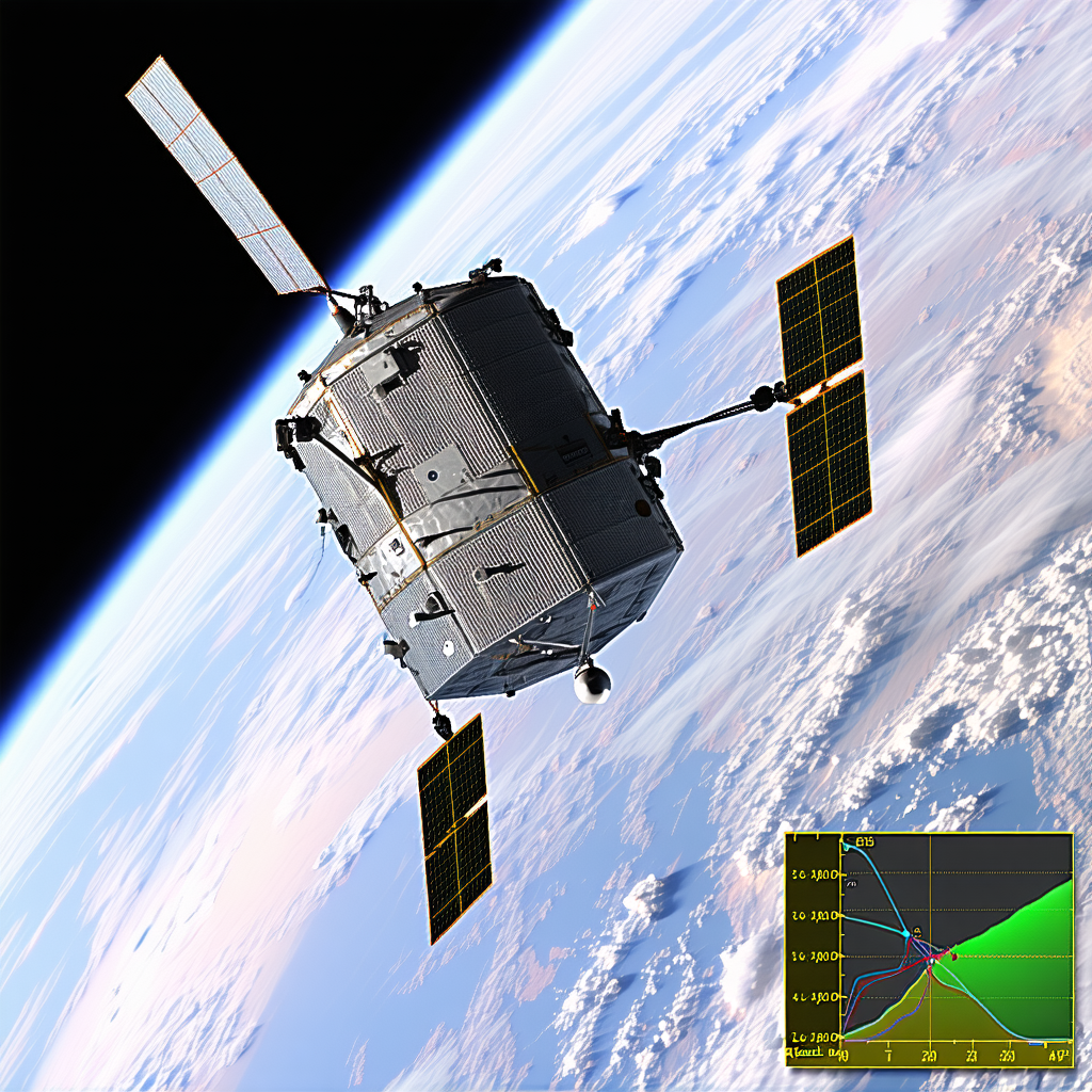A Spacecraft Flying Through The Sky, With A Large Satellite Dish On The Bottom Of The Spacecraft