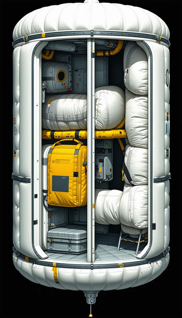 In The Image, There Is A Large White Spacecraft With A Yellow Backpack Placed Inside