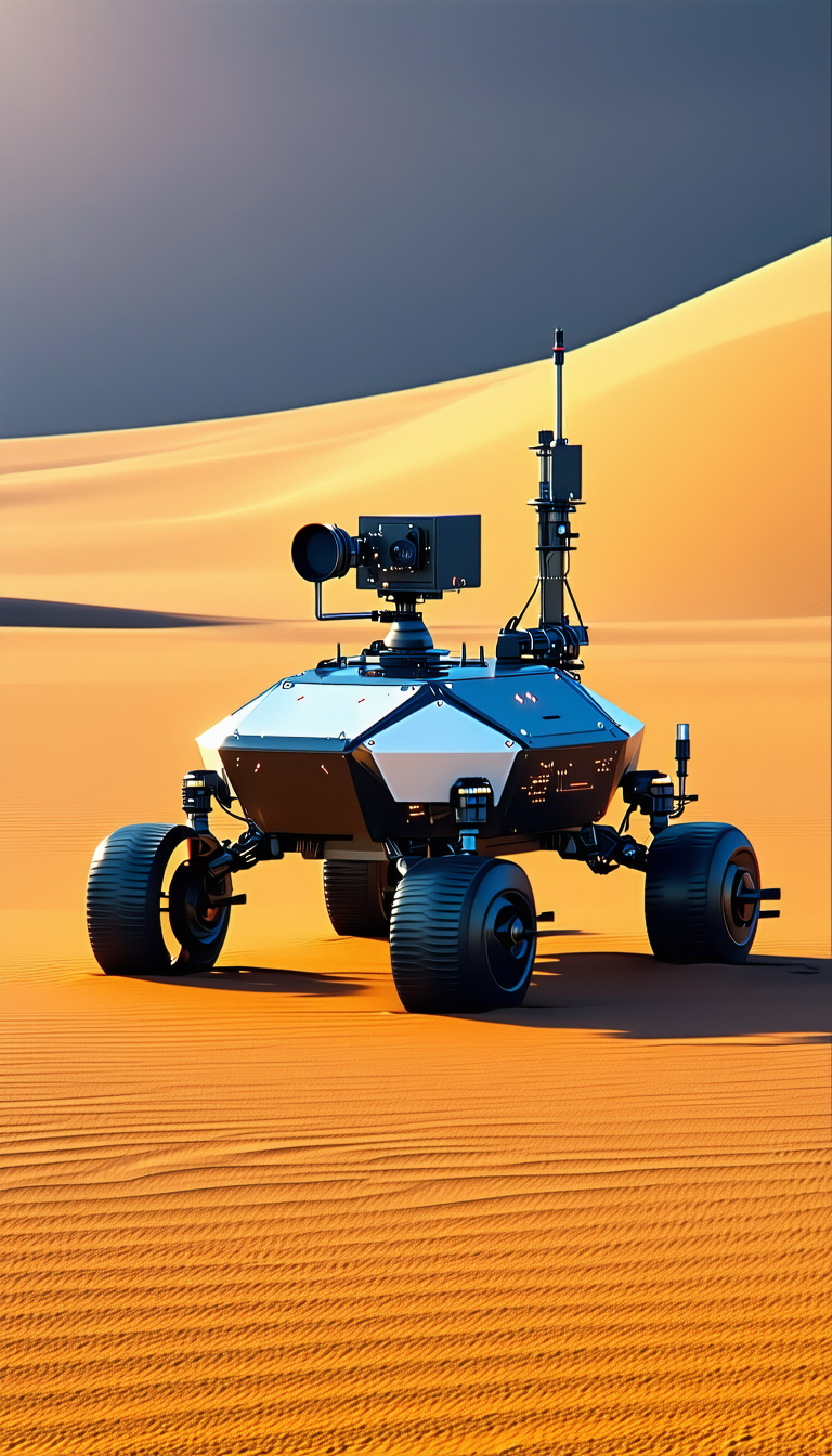 A Large Robotic Vehicle With A Camera On Top, Driving Across A Sandy Terrain