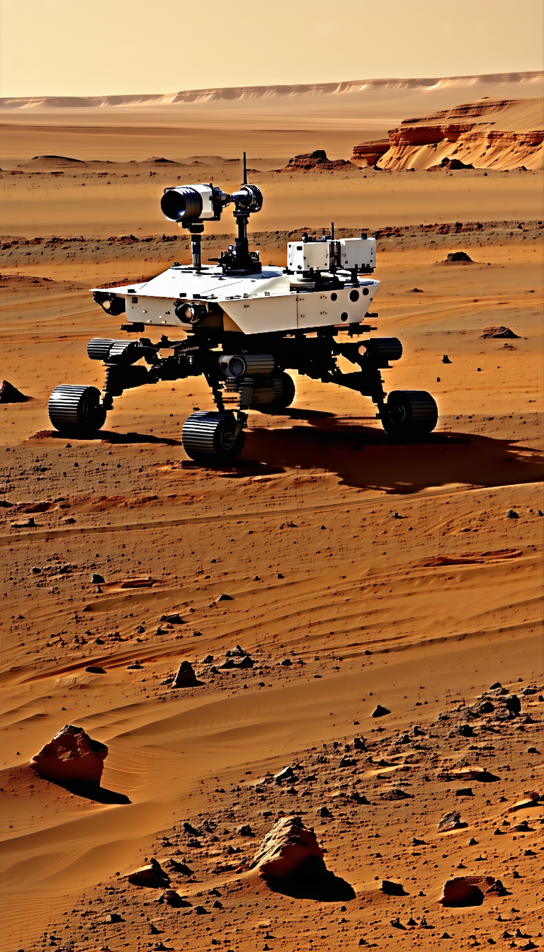 A Robotic Vehicle Is Driving Across A Sandy Terrain