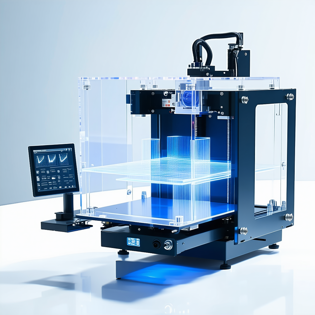 A 3d Printer On A White Table, With A Blue Light Illuminating The Bottom Of The Machine