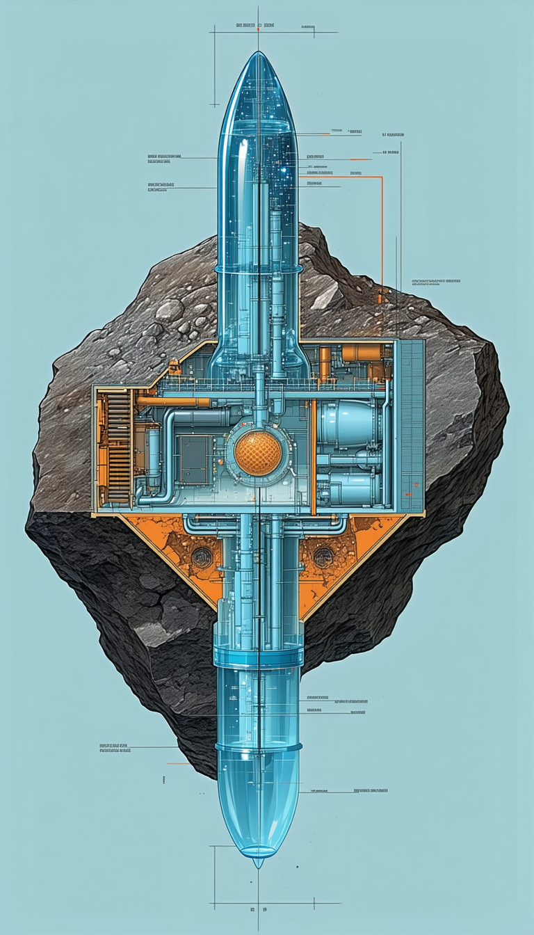 A Large Blue Pipe Is Shown In A Drawing, With A Rock In The Foreground