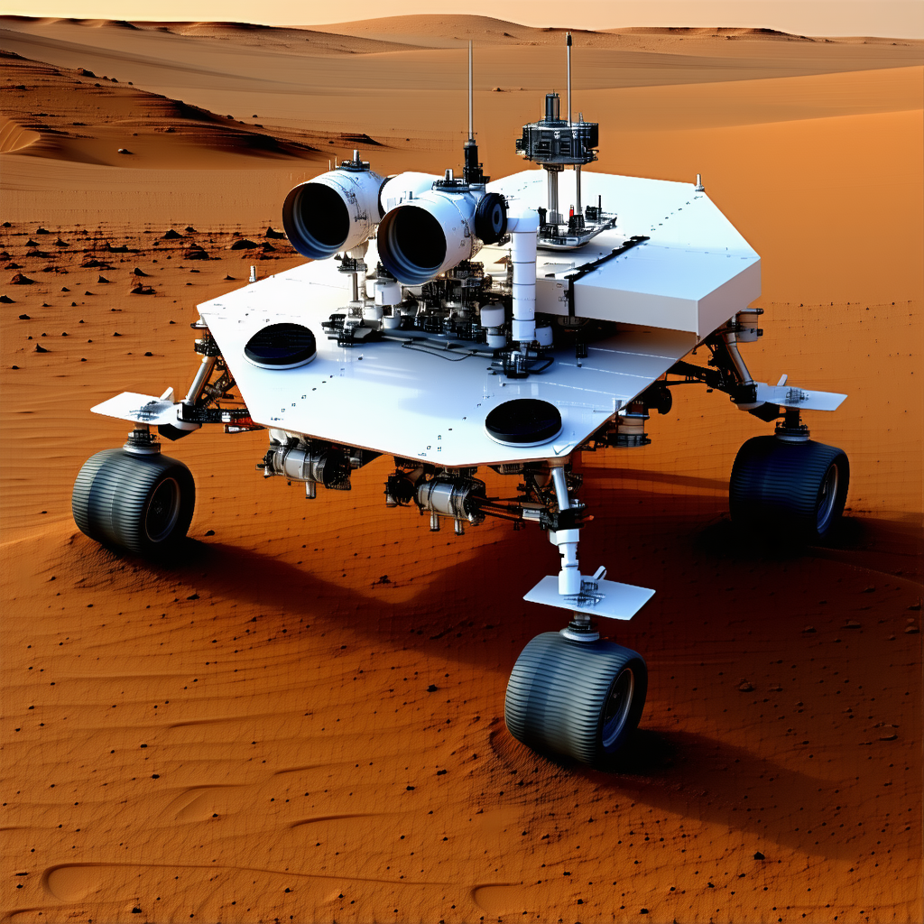 A White Rover Is Parked On A Red Dirt Surface, With A Large Antenna On Top