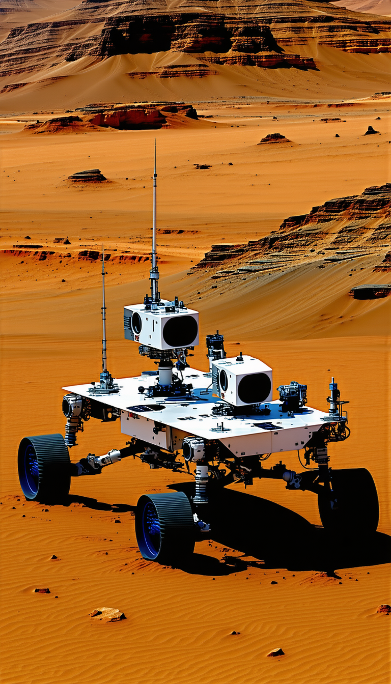 A White Robotic Vehicle With A Large Antenna On Top, Driving Across A Desert-like Terrain