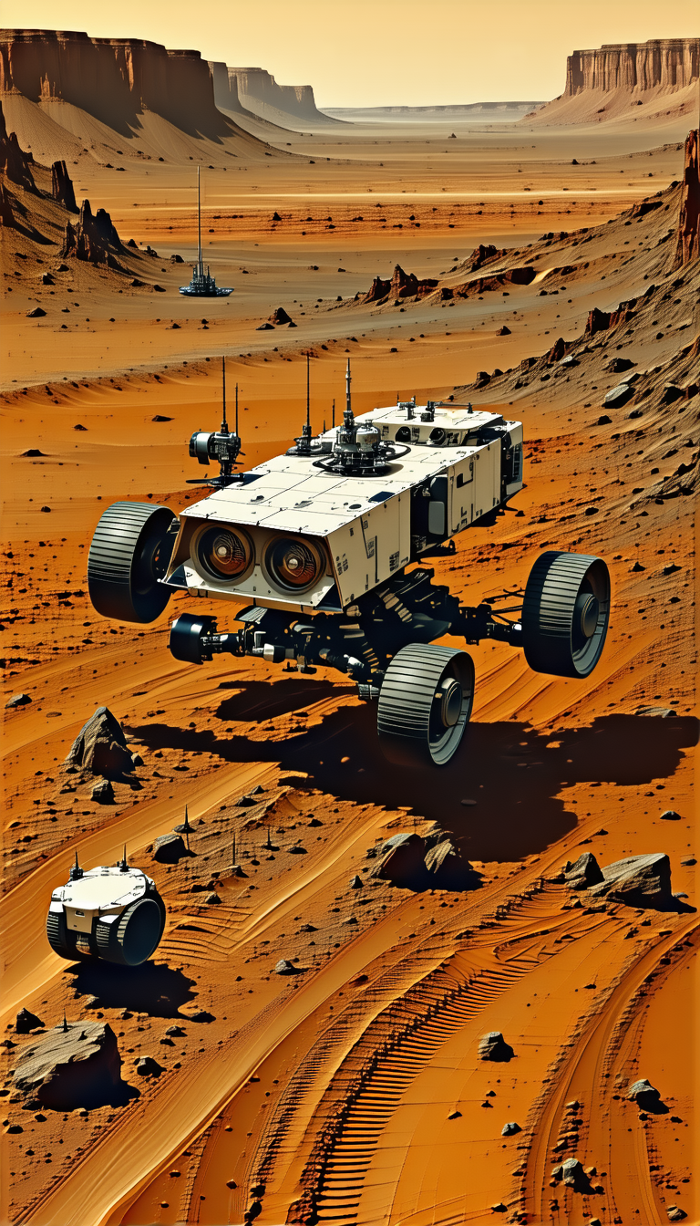 A Futuristic Vehicle Is Driving Across A Rocky Terrain, With A Red Dirt Surface