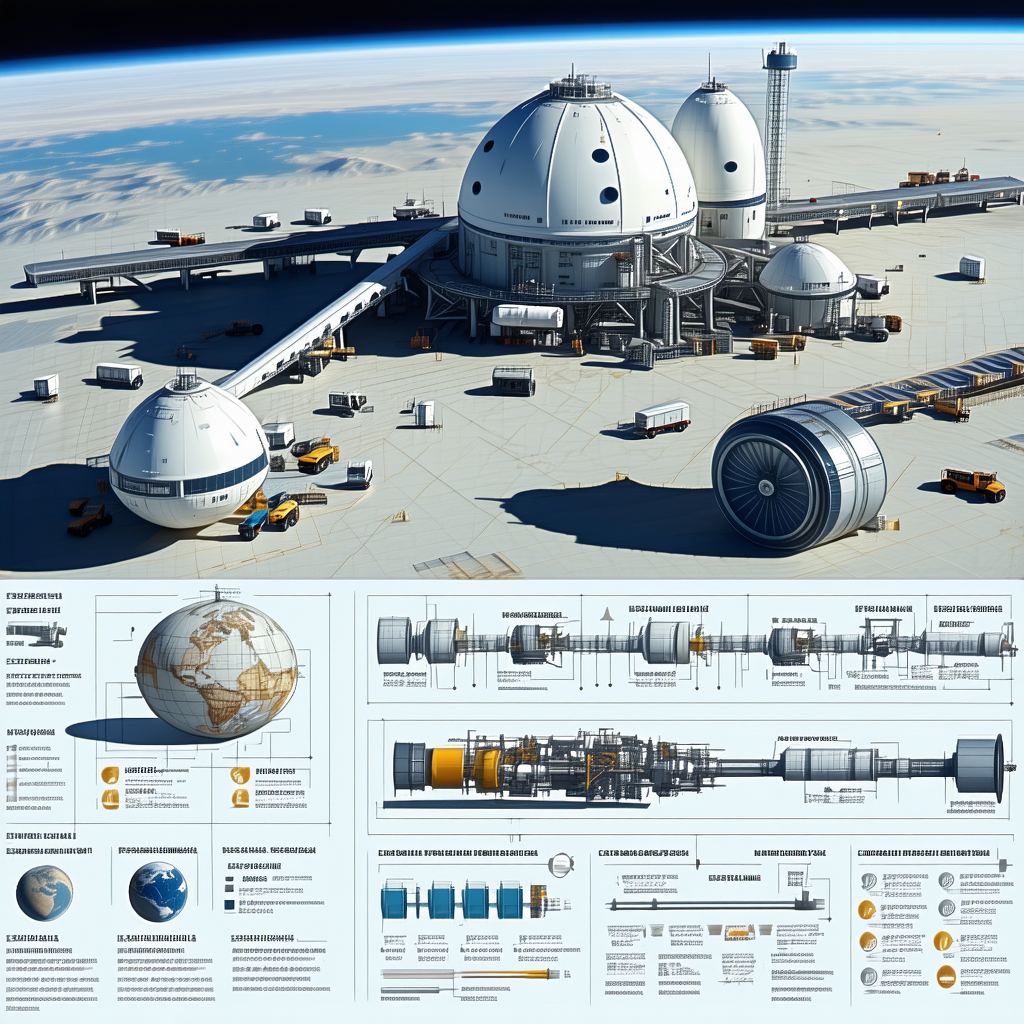 The Image Is A Detailed Drawing Of A Space Station, Showcasing Its Various Components And Features