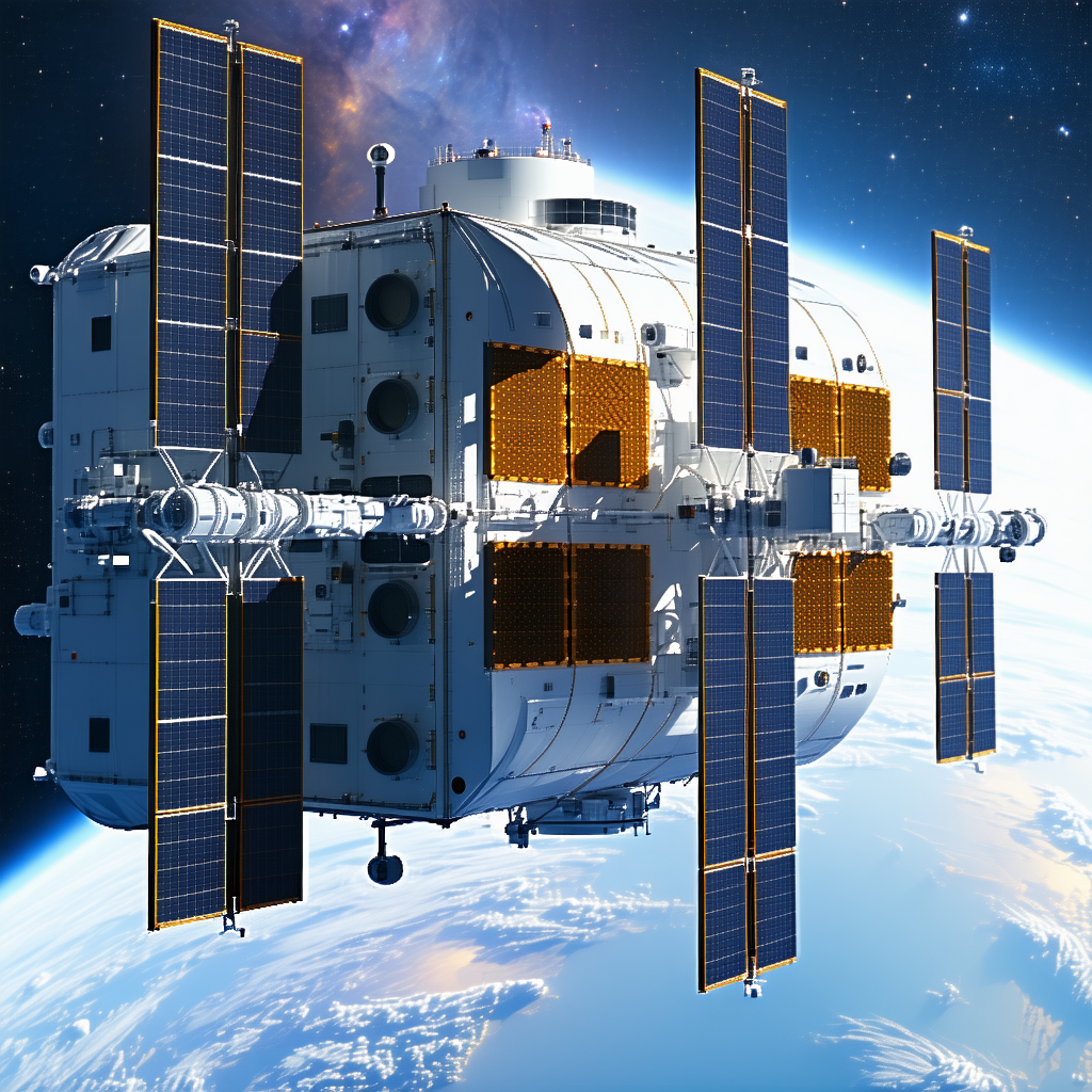 A Large Spacecraft Is Shown In A Close-up View, With Its Various Components Clearly Visible