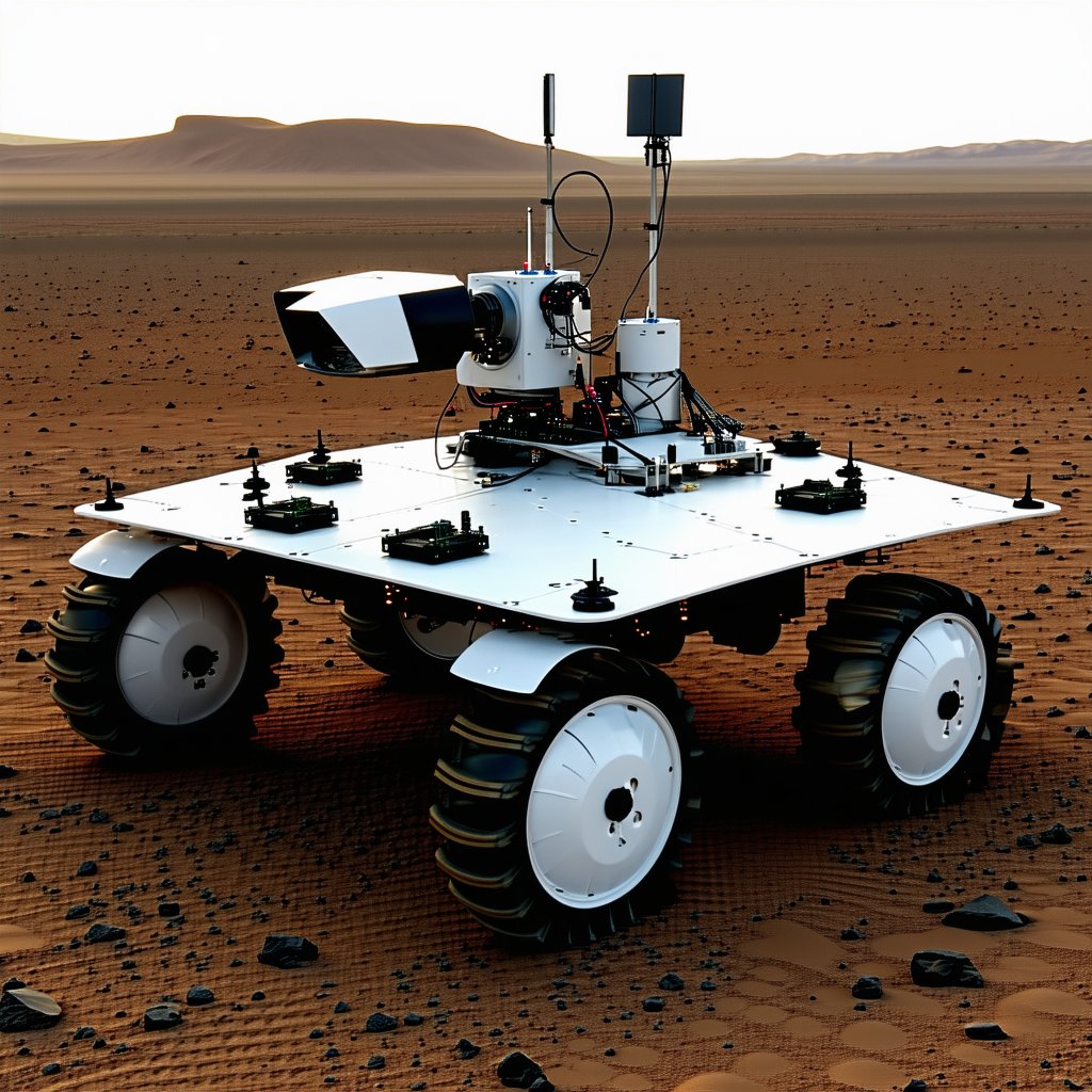 A White Robotic Vehicle With A Large Wheel On The Front, Driving Across A Rocky Terrain