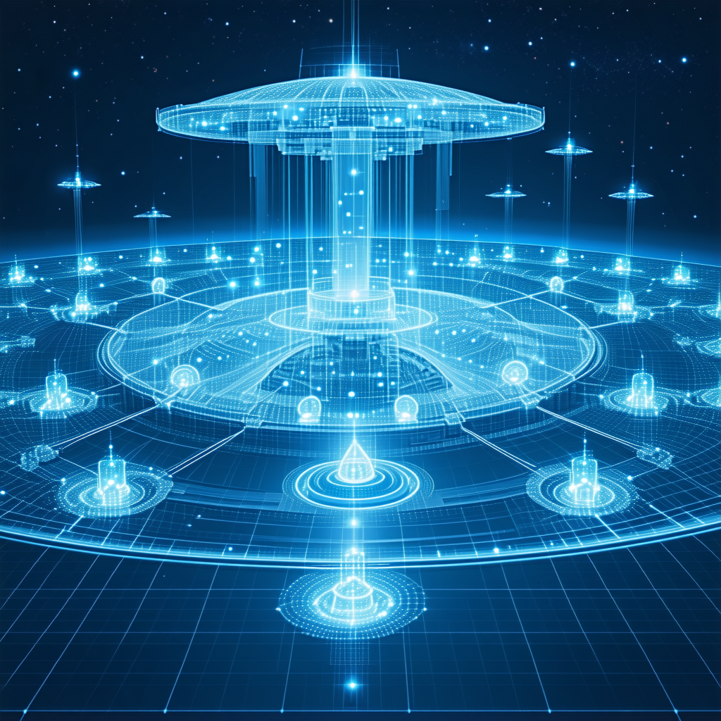 The Image Is A Futuristic, Blue-toned Illustration Of A Space Station
