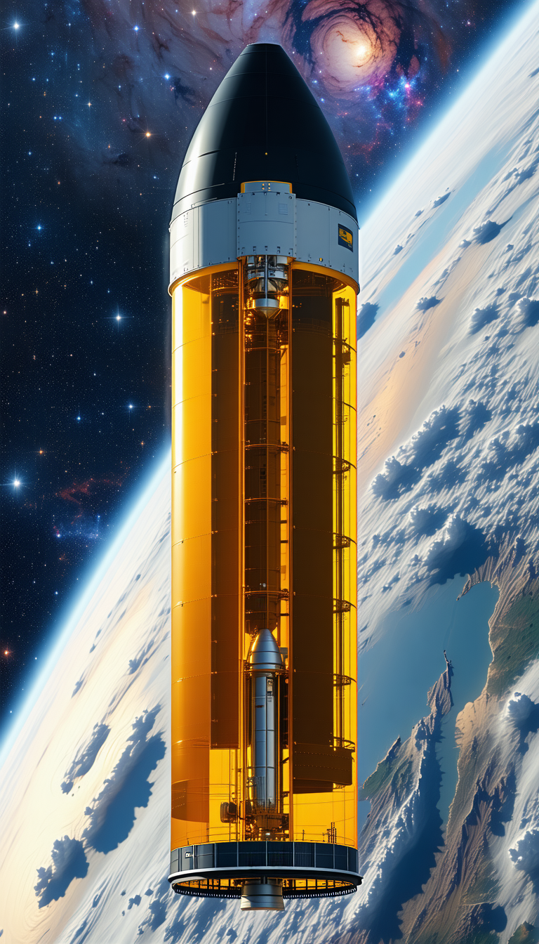 A Large, Brightly Colored Rocket Ship, Possibly A Space Shuttle, Sitting On Top Of A Launch Pad