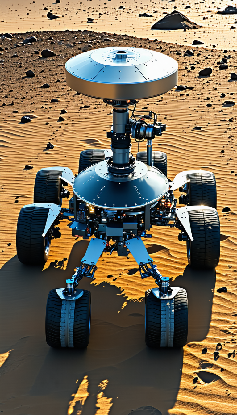 A Large Robotic Vehicle With A Satellite Dish On Top, Driving Across A Sandy Terrain