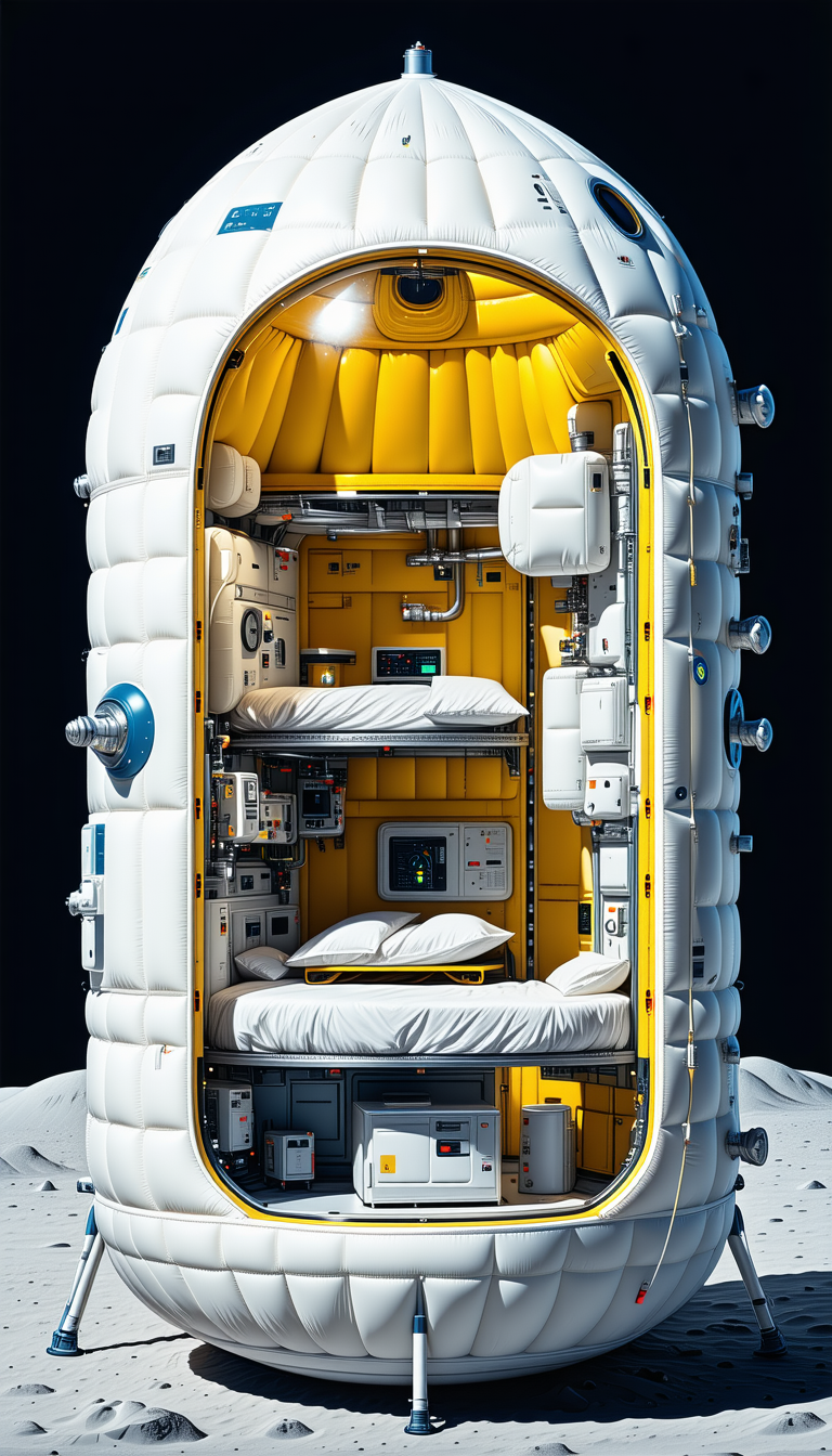 A Futuristic Spacecraft With A Large, Round, White And Yellow Room