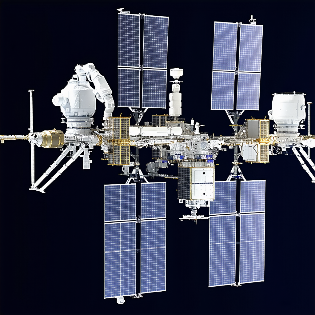 A Large Space Station With A Variety Of Solar Panels On Its Exterior