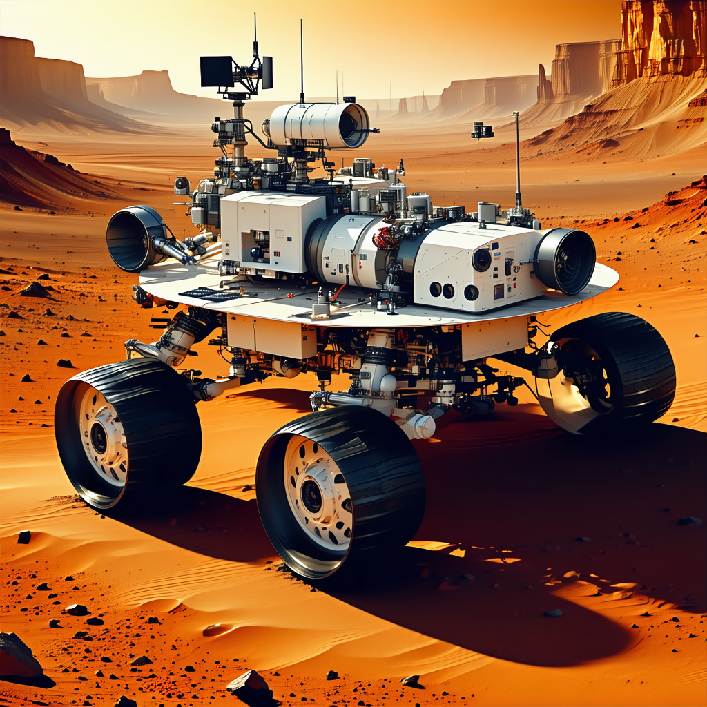 A Futuristic Vehicle Is Parked On A Red Dirt Surface, Possibly On Mars