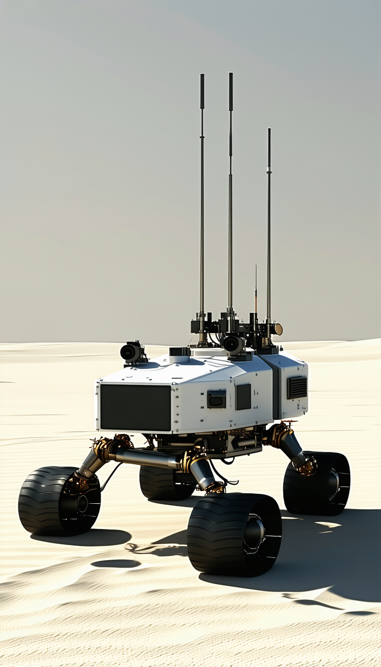 A White Robot With Four Wheels, Standing In A Desert-like Environment