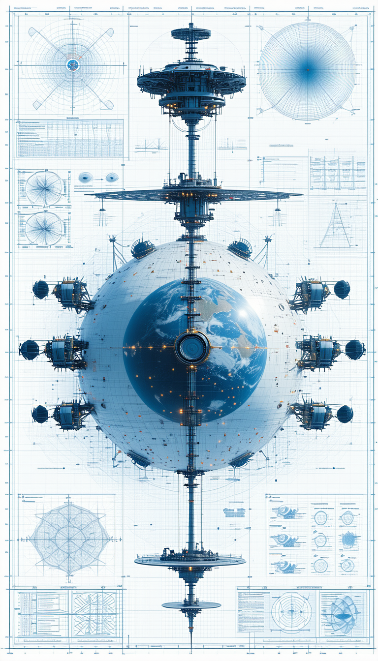 A Blue And White Drawing Of A Space Station Is Displayed