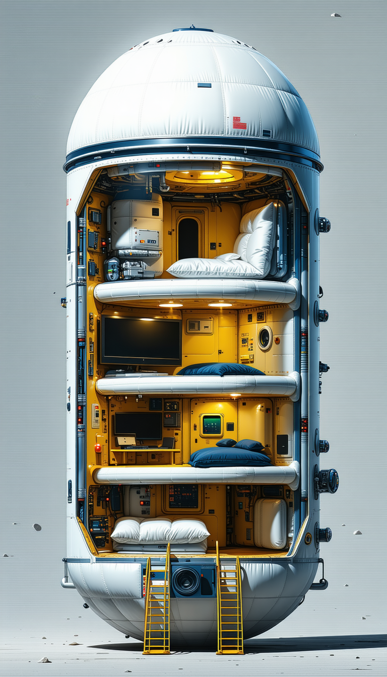 A Futuristic Space Ship Is Shown In A Three-dimensional View, With A Bedroom And A Control Room