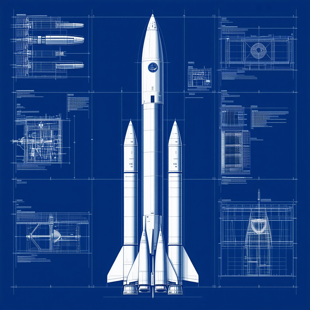 A Large White Rocket Is Shown In A Blue Drawing