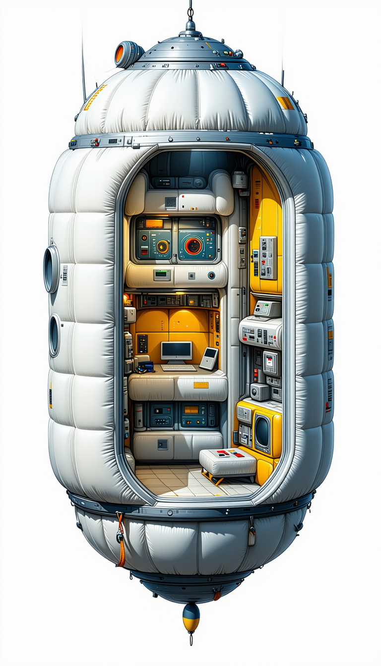 In The Image, There Is A Large White And Yellow Spacecraft With A Hollow Interior