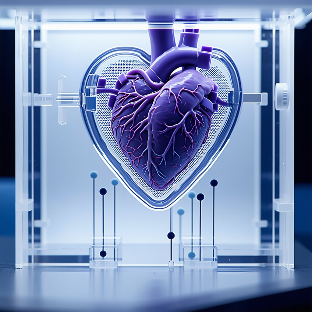 A Heart Is Displayed In A Glass Case, With A Purple Heart-shaped Container Surrounding It
