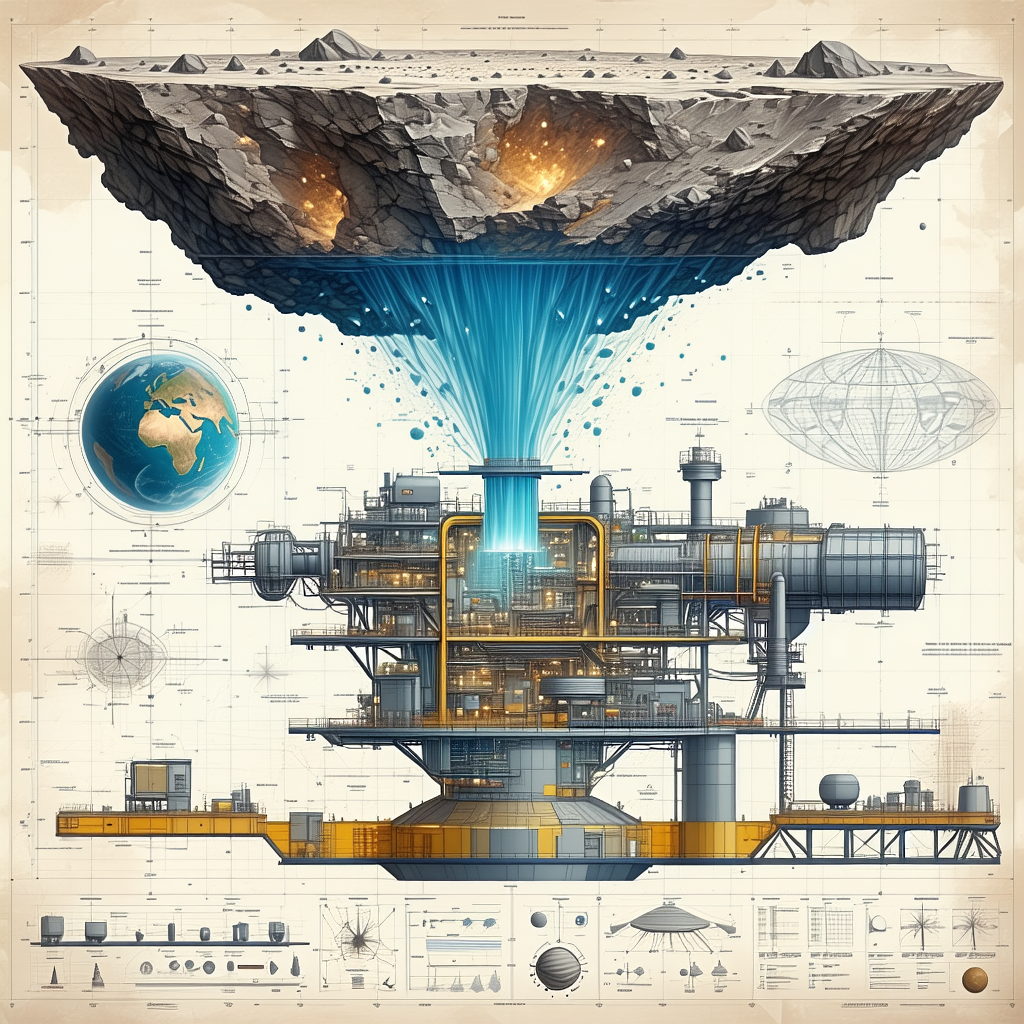 A Large, Detailed Drawing Of A Space Station Is Shown, With A Large Blue Water Tower At The Center