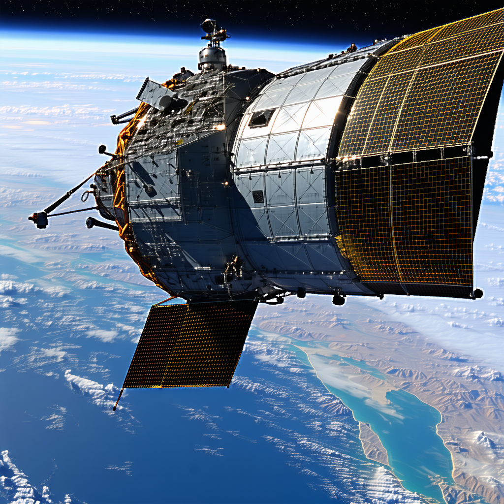 A Space Shuttle Is Flying Through The Sky, With A Large Satellite Attached To The Back Of It