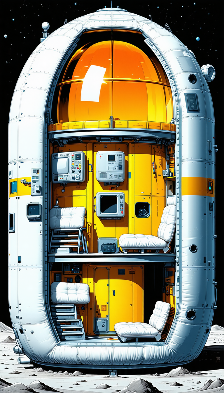 In The Image, There Is A Large, Brightly Colored Spacecraft With A Yellow And White Color Scheme