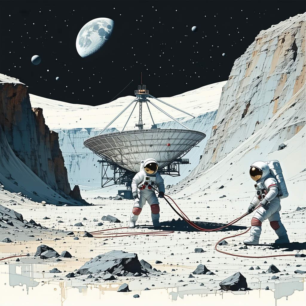 In This Image, There Are Two Astronauts Standing On The Moon, Each Holding A Red Cord
