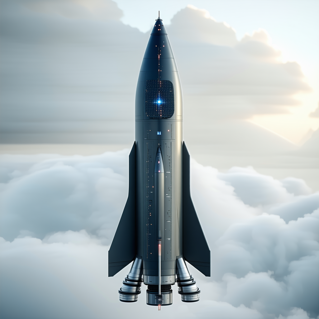 A Rocket Is Flying Through The Sky, With A Cloudy Background