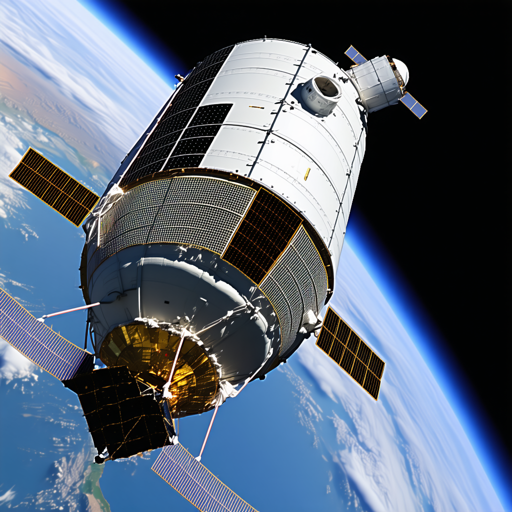 A Space Shuttle Flying Through The Sky, With A Large Satellite Dish On The Front Of The Spacecraft