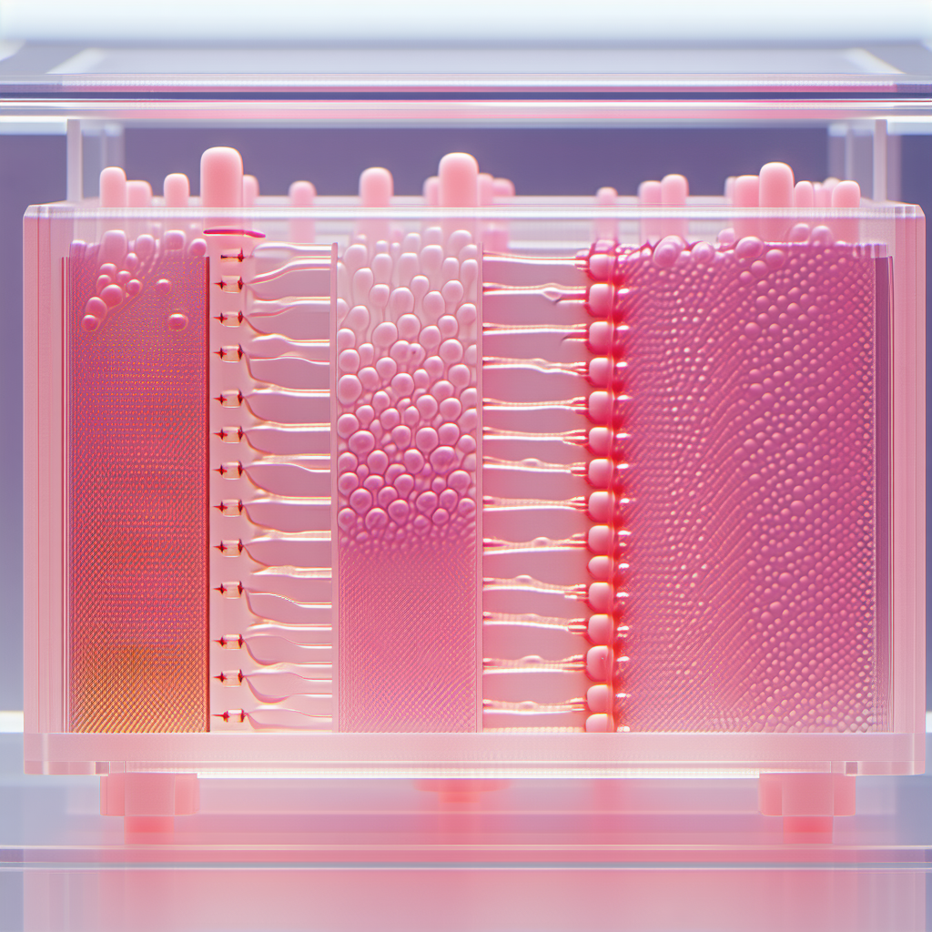 A Display Case With Three Different Colored Pink Objects Inside