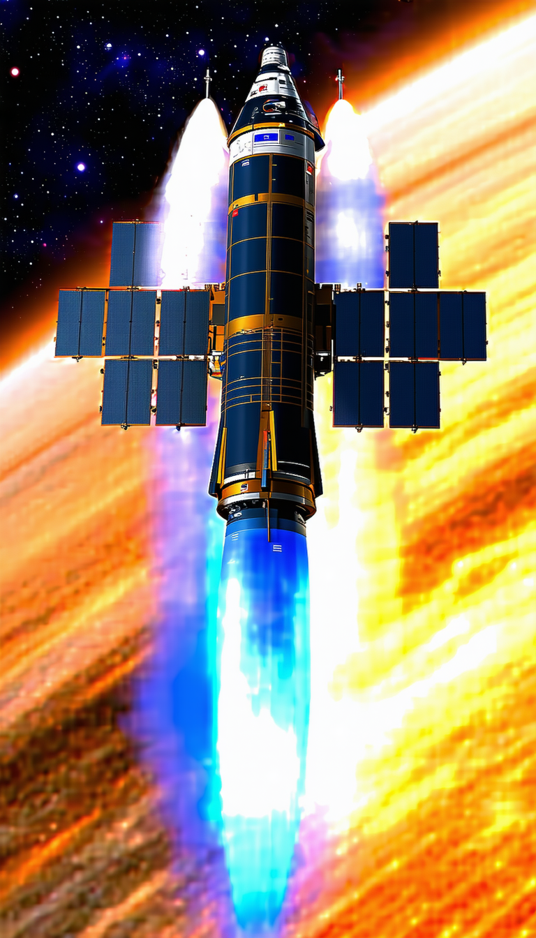 A Spacecraft Is Shown In A Brightly Colored Image, With A Blue And Orange Background