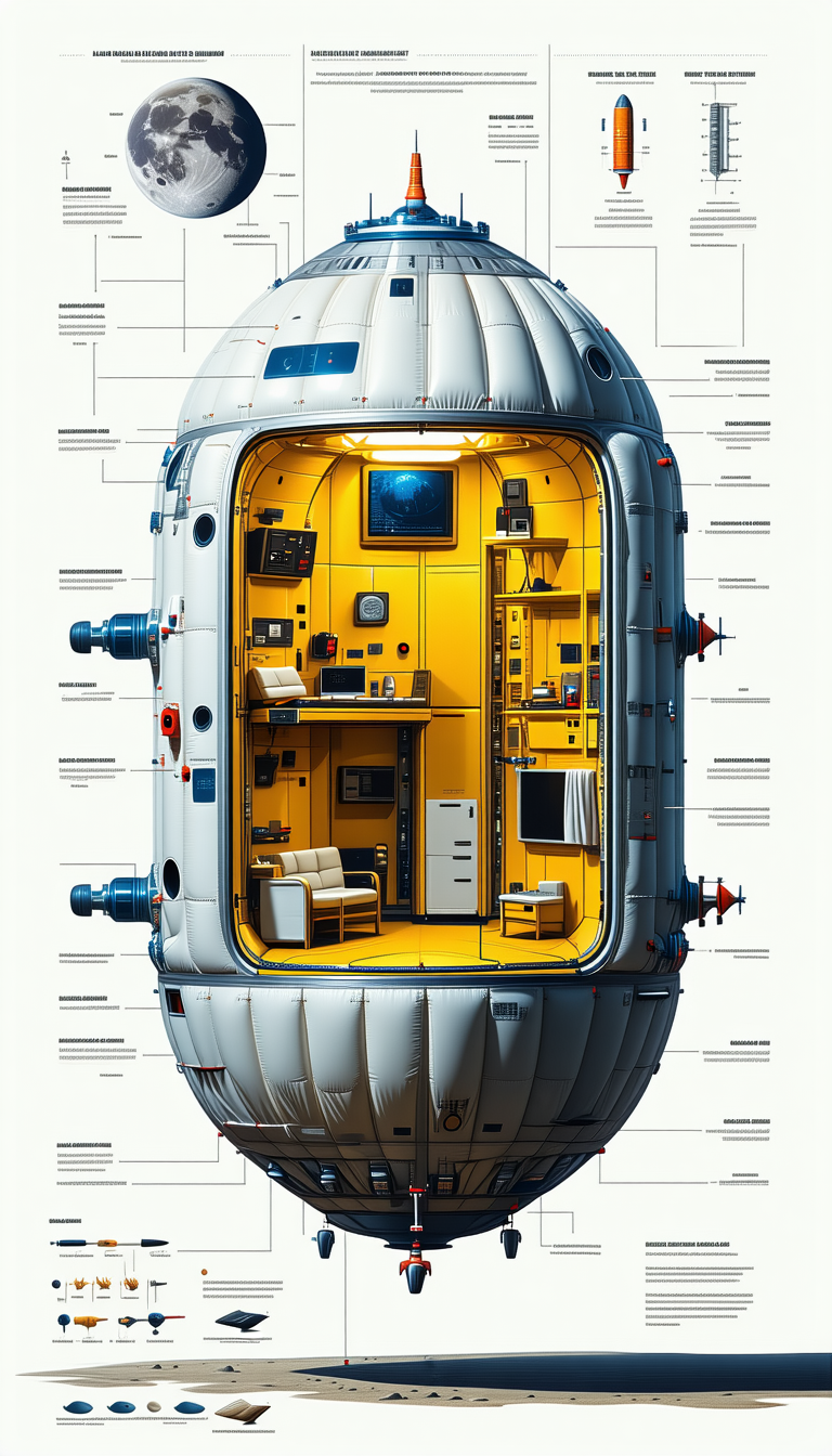 A Large White Spacecraft Is Shown In A Cross-sectional View, Revealing Its Interior Layout