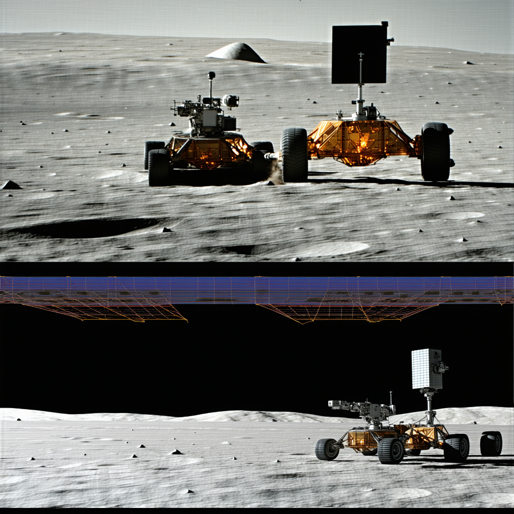 A Rover On A Barren, Rocky Surface, Likely On The Moon