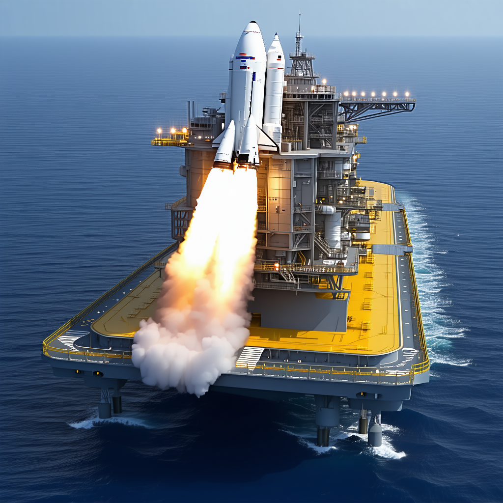 A Large Space Shuttle On A Yellow Platform, Which Is Floating On Top Of The Ocean