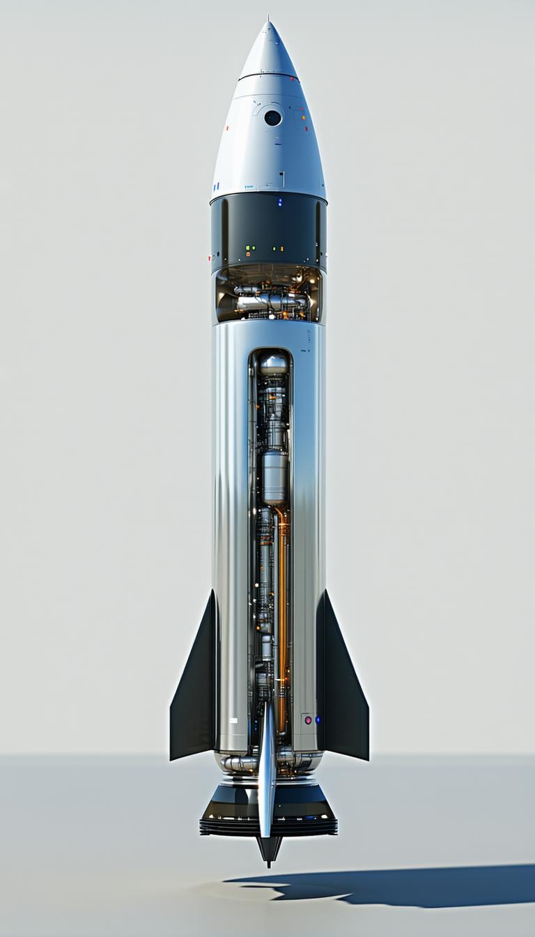 A Large Silver Rocket Is Shown In A White Background