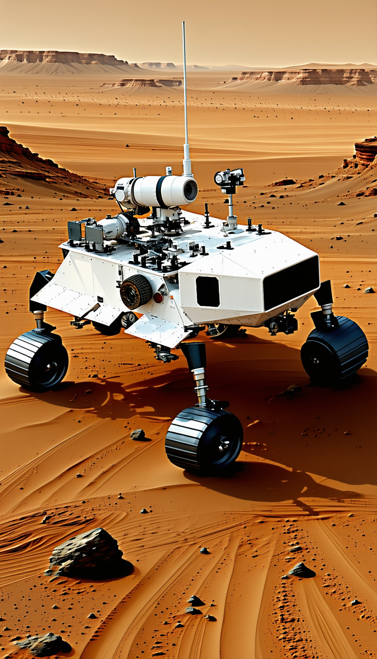 A White Robotic Vehicle With Four Wheels, Driving Across A Sandy Terrain