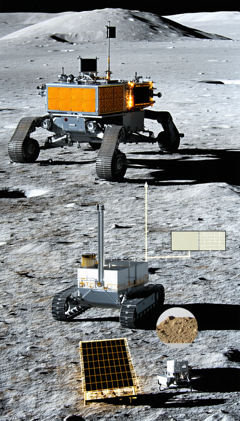 A Robotic Vehicle Is Sitting On A Rocky Surface, Possibly On The Moon