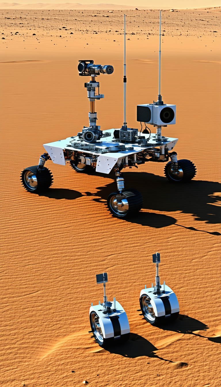 A Large Robotic Vehicle With Four Wheels, Sitting On A Sandy Surface